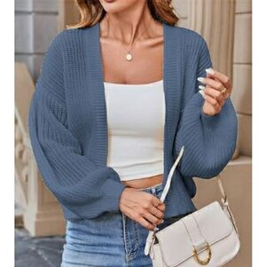 Women's Open Front Long Sleeve Ribbed Knit Cropped Cardigan Sweater Blue